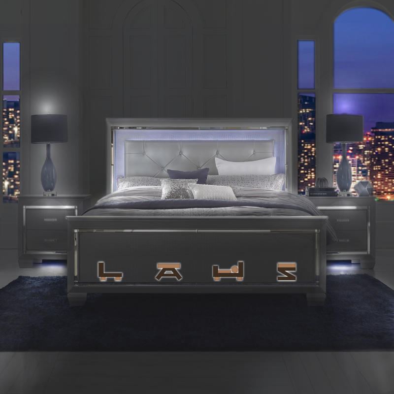 NEW Silver LED Light 3PC Queen or King Modern Bedroom Set Bed & 2