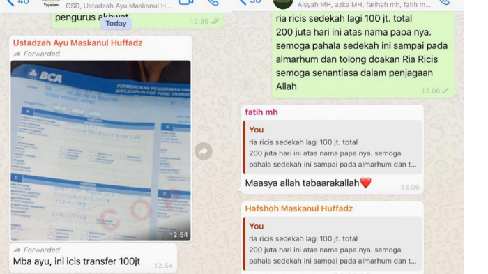 Bukti percakapan yang menyebut Ria Ricis menyumbang Rp 100 juta