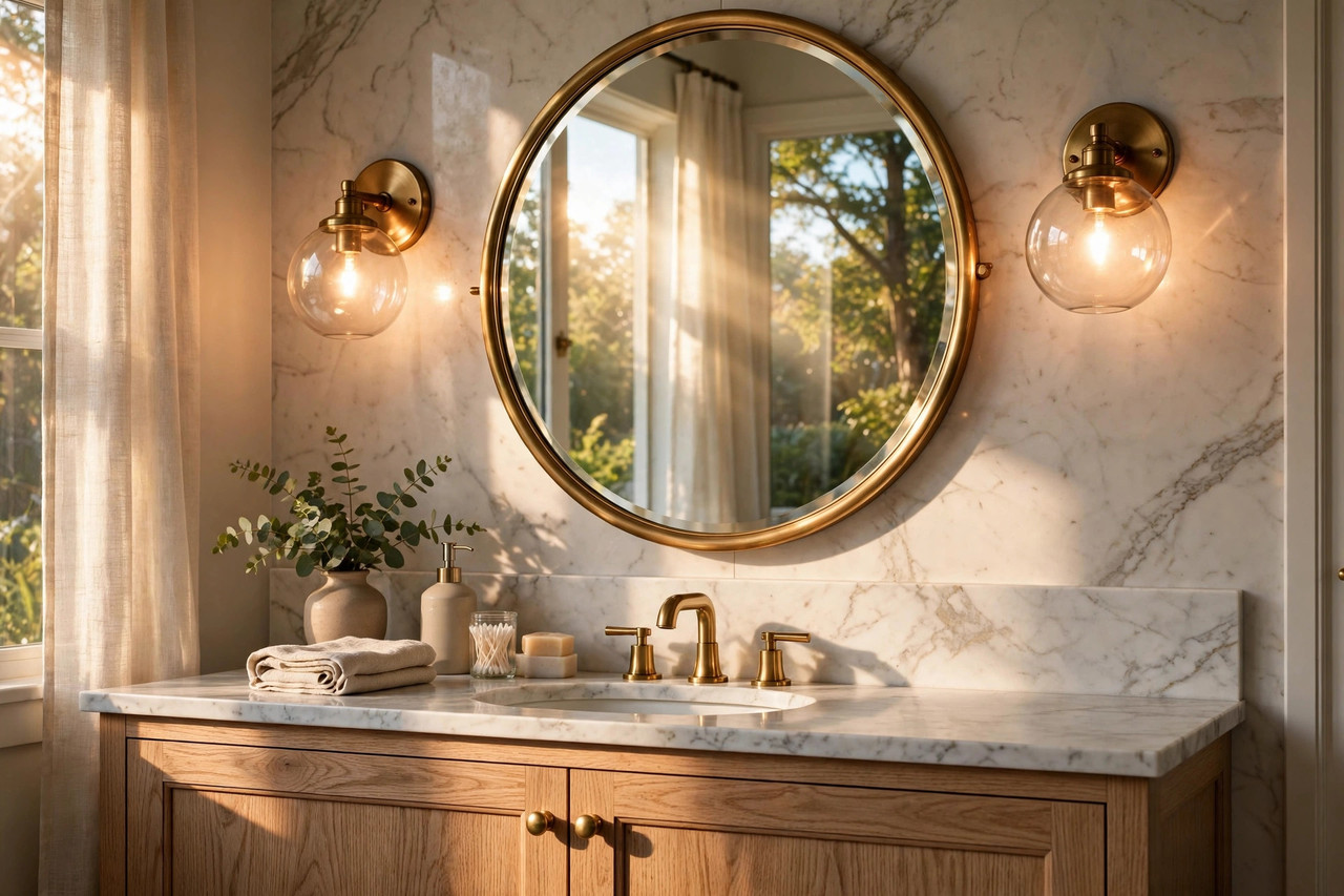 Round brass-framed bathroom mirror flanked by glowing brass wall sconces above a vanity