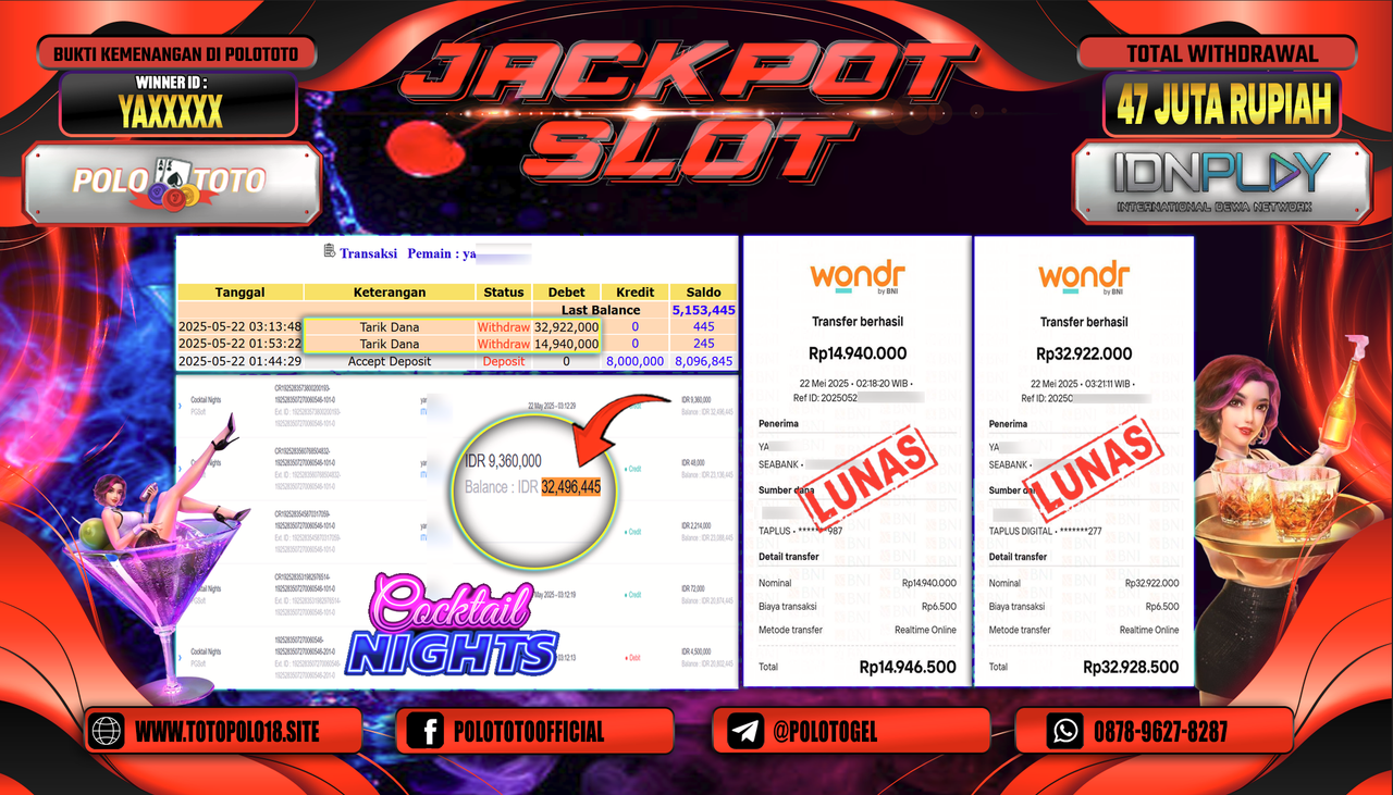 POLOTOTO JACKPOT SLOT COCKTAIL NIGHTS Rp.47.000.000,-