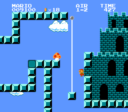 Mario is slightly behind the castle as he lands in the hole after grabbing the flagpole in Air 1-2.