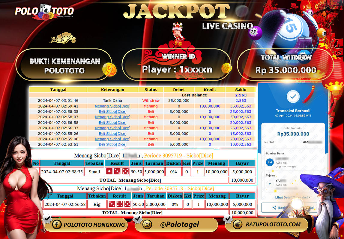 POLOTOTO BUKTI JACKPOT LIVE GAME CASINO Rp 35.000.000,-