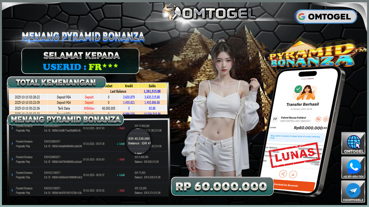 OMTOGEL JACKPOT PRAGMATIC PLAY PYRAMID BONANZA 60 JUTA DI BAYAR LUNAS ,-