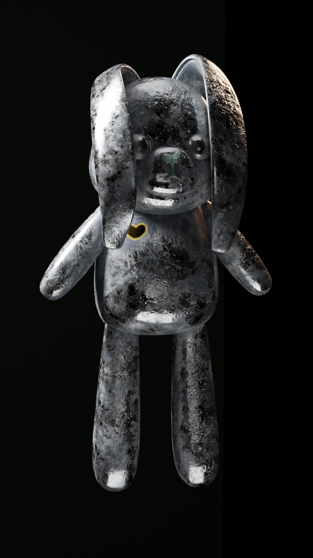a 3d render of a stylised bunny teddy, with metal scratched texture and black beady eyes.