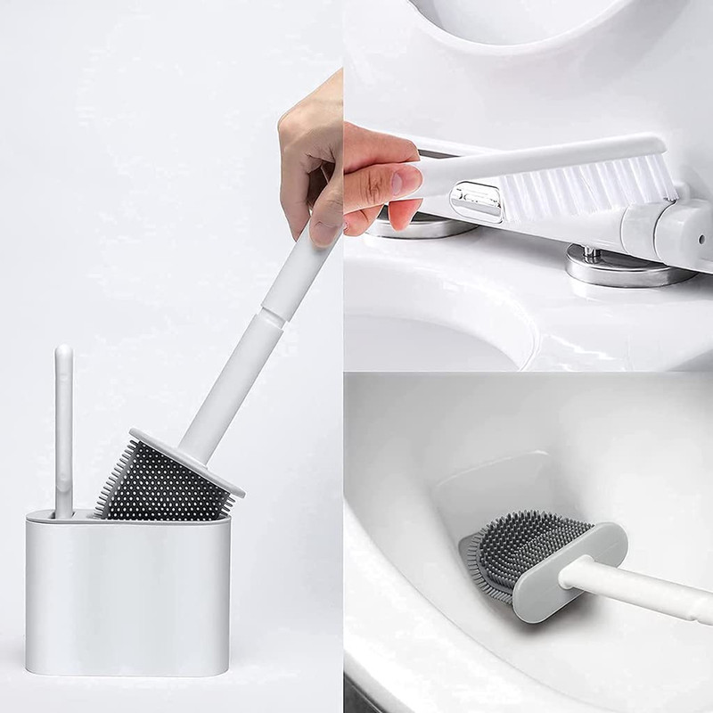 Set Perie WC din silicon pentru toaleta, AT PERFORMANCE®, Cap Flexibil, fixare pe perete, cu recipient din plastic, aspect modern, Alb - Sanitare - atMag.ro