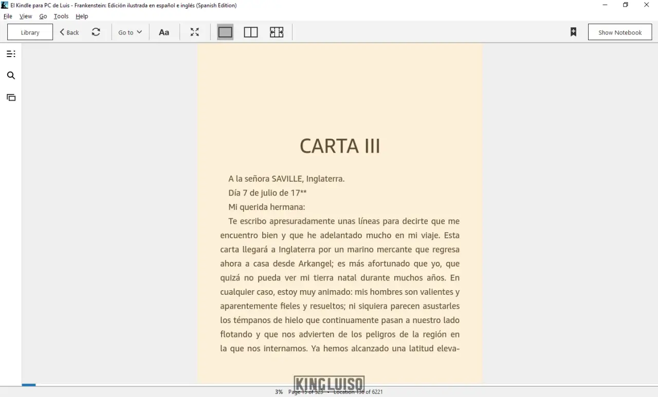 Muestra de la «Carta III» del libro «Frankenstein» en la edición ilustrada en español e inglés