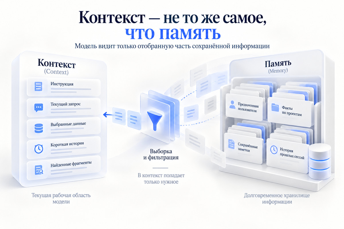 Контекст и память ИИ-агента: модель видит только отобранную часть сохранённой информации