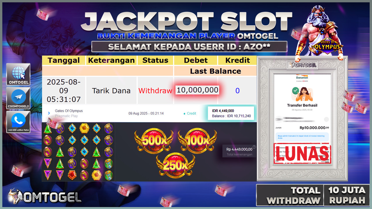 OMTOGEL JACKPOT PRAGMATIC PLAY GATES OF OLYMPUS 10 JUTA DI BAYAR LUNAS ,-