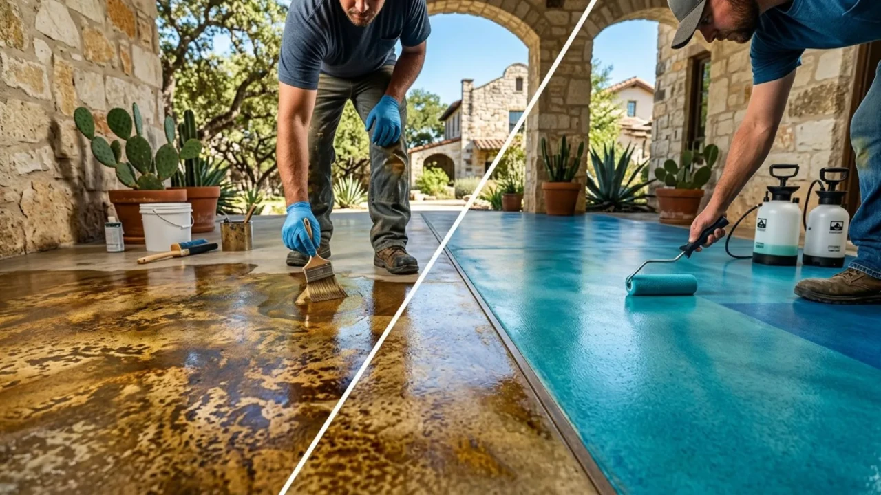 Cost comparison chart for acid stain versus water-based stain concrete projects in San Antonio
