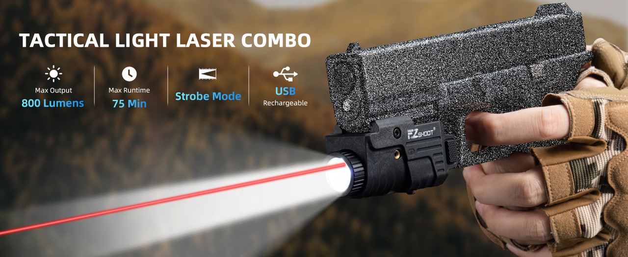 Close-up of the EZshoot 800 Lumens Rechargeable Pistol Light Laser Combo, highlighting the LED light and red laser emitter, with ambidextrous controls visible.
