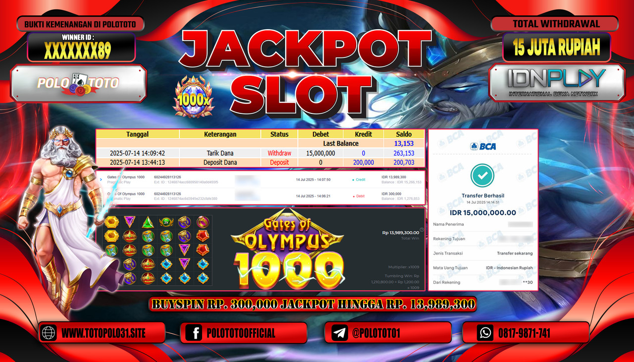POLOTOTO JACKPOT SLOT GATES OF OLYMPUS 1000 Rp.15.000.000,- LUNAS