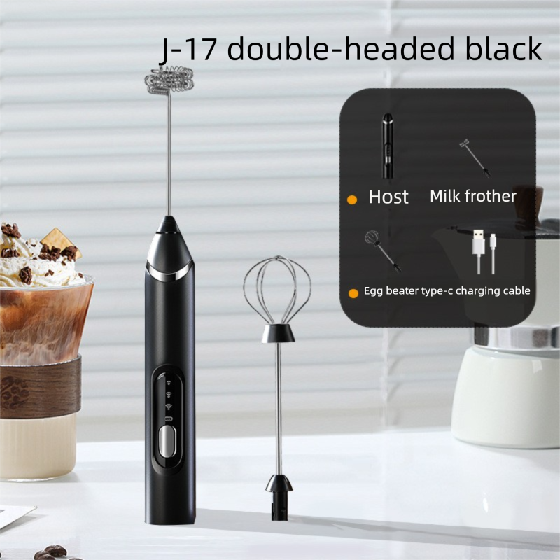 Rechargeable Electric Milk Frother Handheld - 3 Speed Adjustable Foam Maker with 2 Stainless Steel Whisks - Portable Coffee Mixer & Egg Beater for Flat Whites, Lattes & Baking (Black)