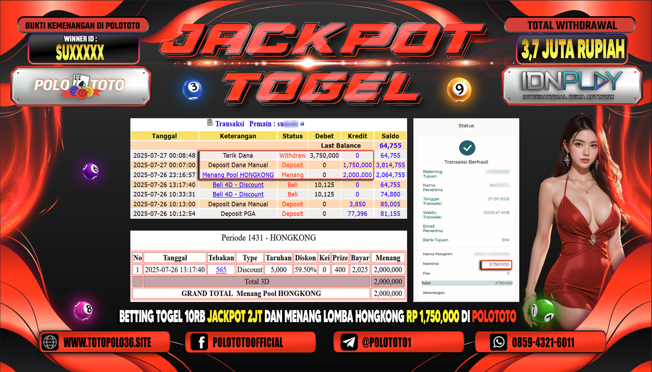 POLOTOTO JACKPOT TOGEL HONGKONG LOTTO Rp.3.700.000,- LUNAS