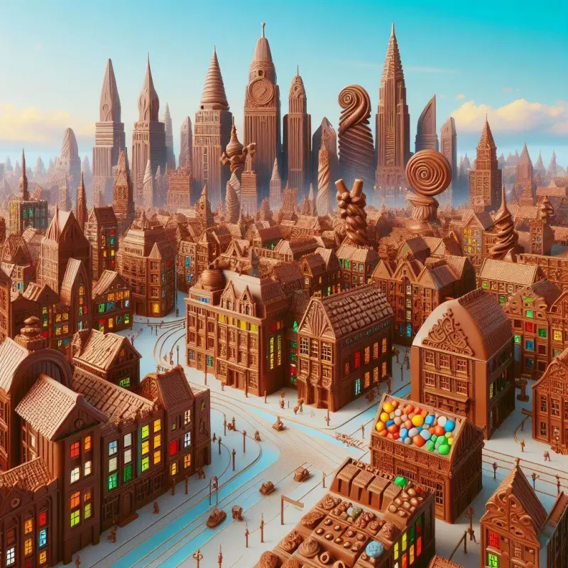 a city with buildings made of different, chocolate color, colorful chocolate and looks like a wondrous chocolate land