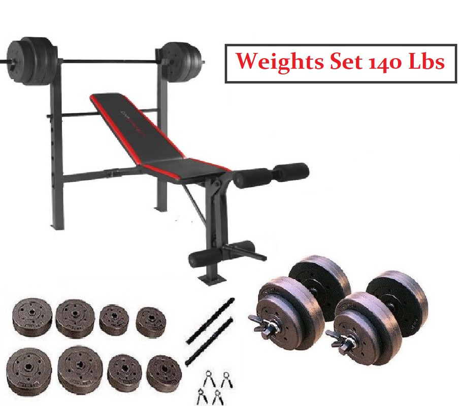 Weight Bench With Weights Set 140 Lb Bar Press Dumbell Set Barbell