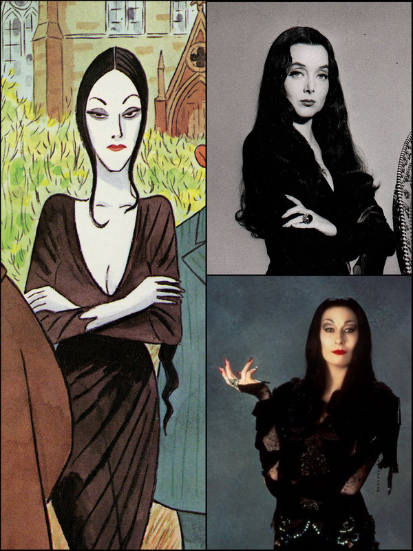 A collage of Morticia from Charles Addams’ comics as well as the 60s show and the 90s films where she was portrayed by Carolyn Jones and Angelica Huston respectively.
