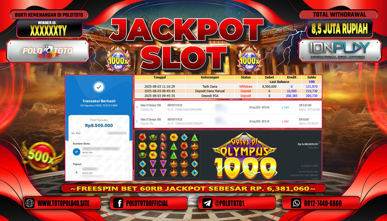 POLOTOTO JACKPOT SLOT GATES OF OLYMPUS 1000 Rp.8.500.000,-LUNAS