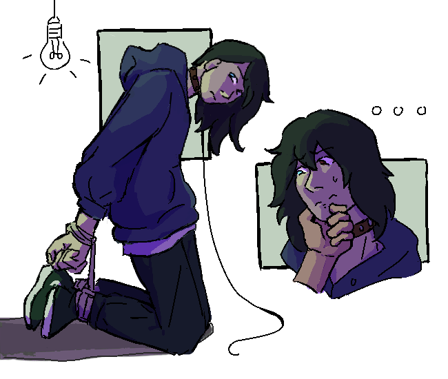 Digital artwork of the giftee's OC, Michael. On the left side, he's bound and on his knees. On the right, there's a headshot of someone tilting his chin towards them. He's wearing a collar. There's a slight green-ish tint to this version's colors.