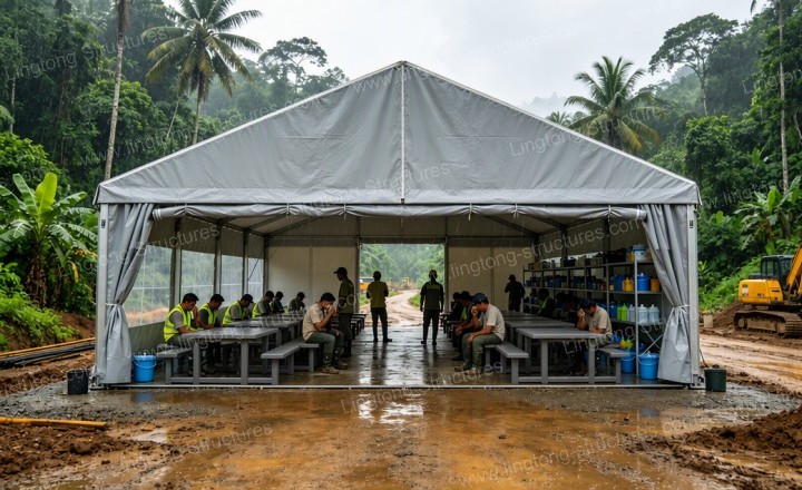 Workers rest tent in hot climate with reflective cover and high eave for heat dissipation