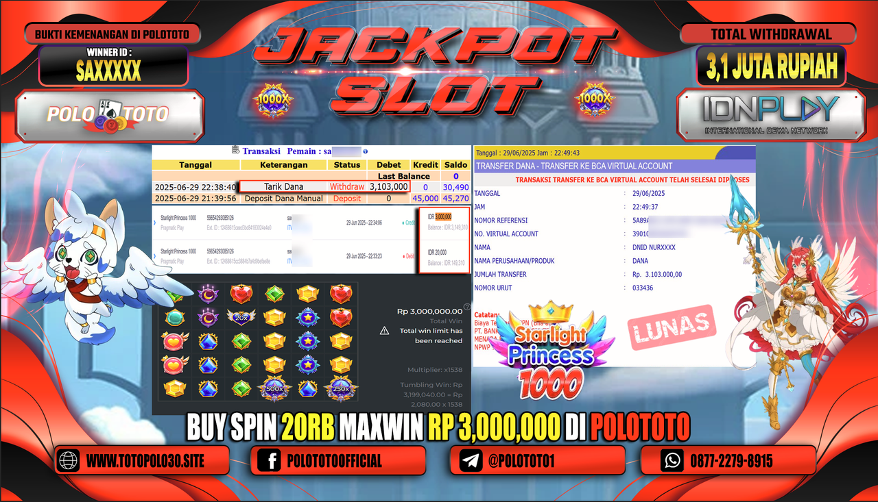 POLOTOTO JACKPOT SLOT STARLIGHT PRINCESS 1000 Rp.3.103.000,-