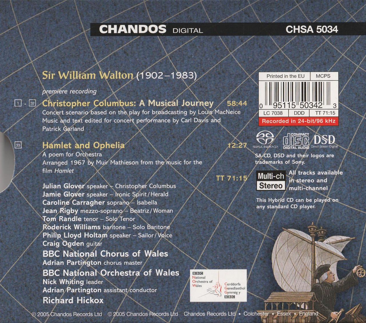 SACD back cover of Christopher Columbus by William Walton from Richard Hickox and the BBC National Orchestra and Chorus of Wales on Chandos