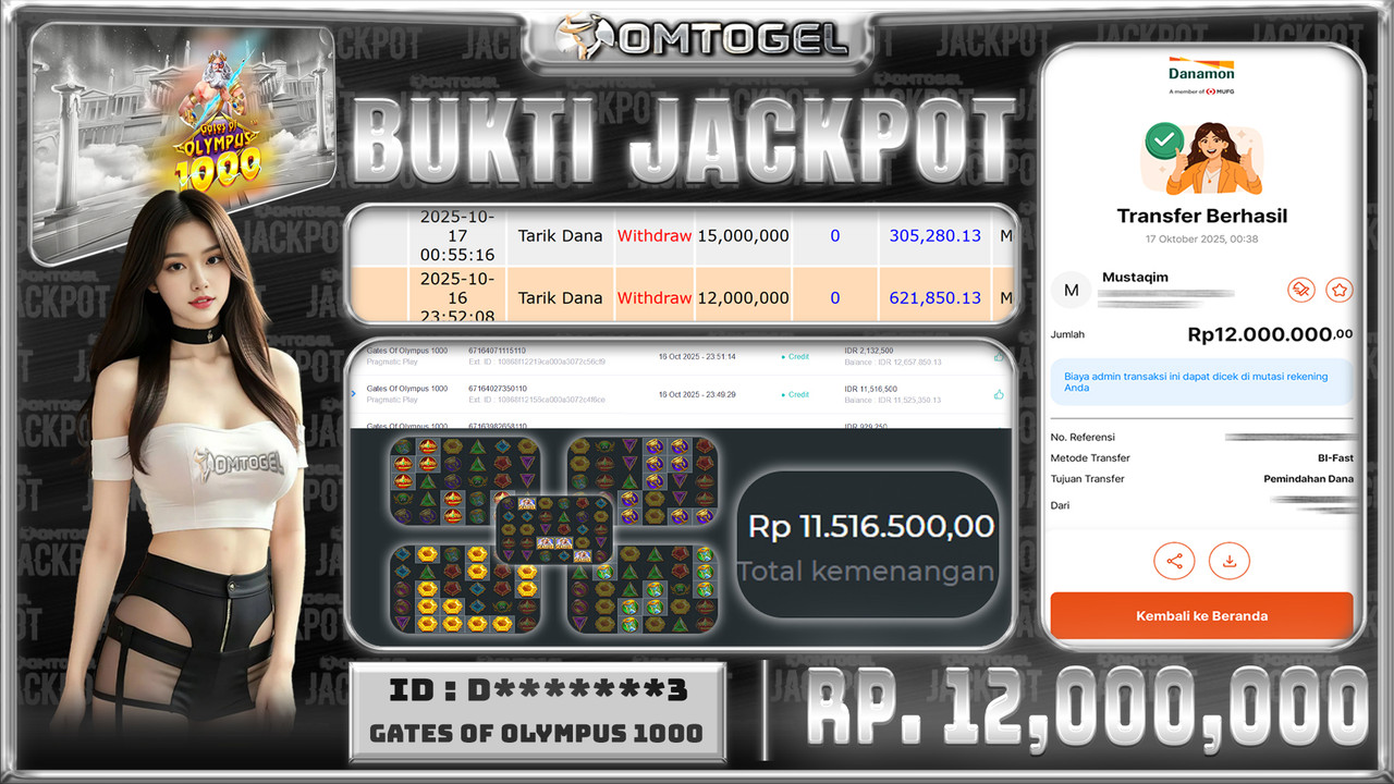 OMTOGEL JACKPOT PRAGMATIC PLAY GATES OF OLYMPUS 1000 12 JUTA DI BAYAR LUNAS ,-