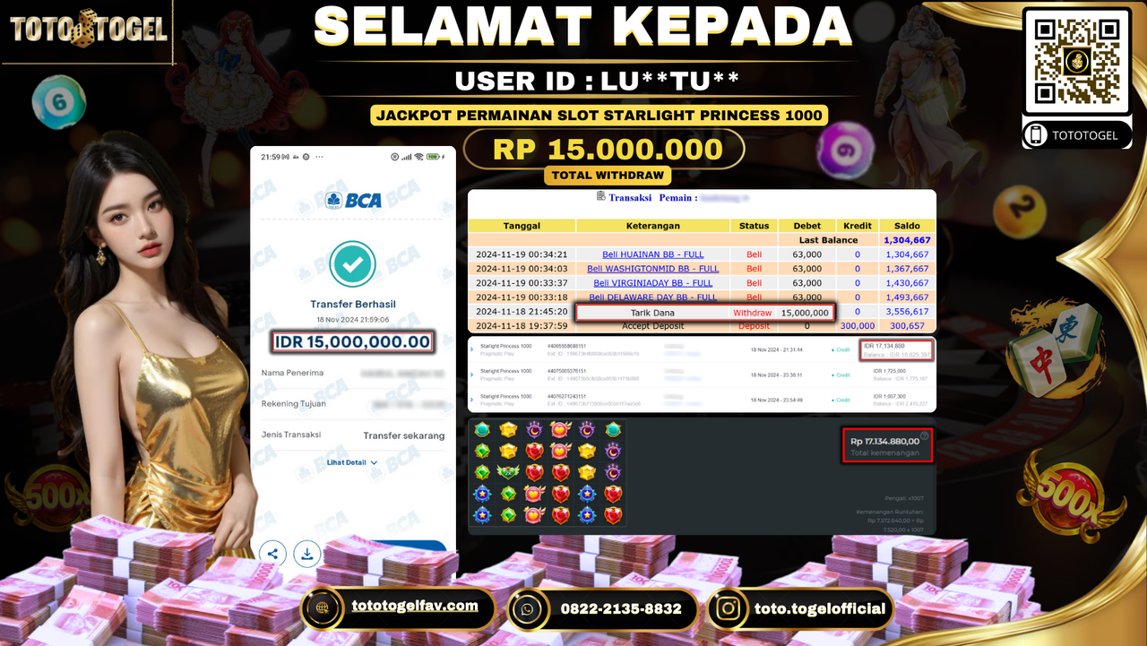 Bukti Pembayaran Jackpot Permainan Slot Starlight Princess 1000 ID: LU**TU** LUNAS 