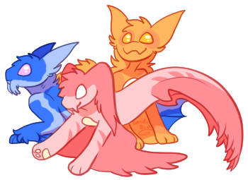 Three Fairy Pondskipper adults, being pink, orange, and blue