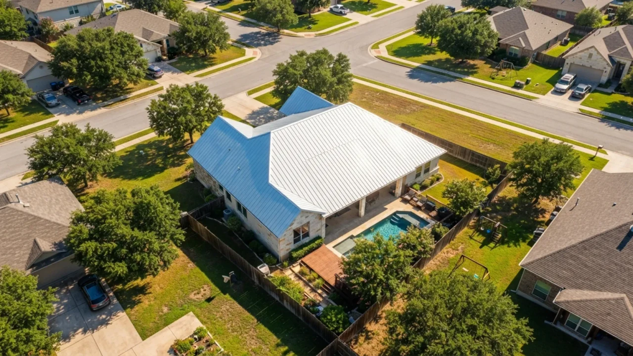 Light-colored standing seam metal roof on a San Antonio home reflecting sunlight on a bright summer day