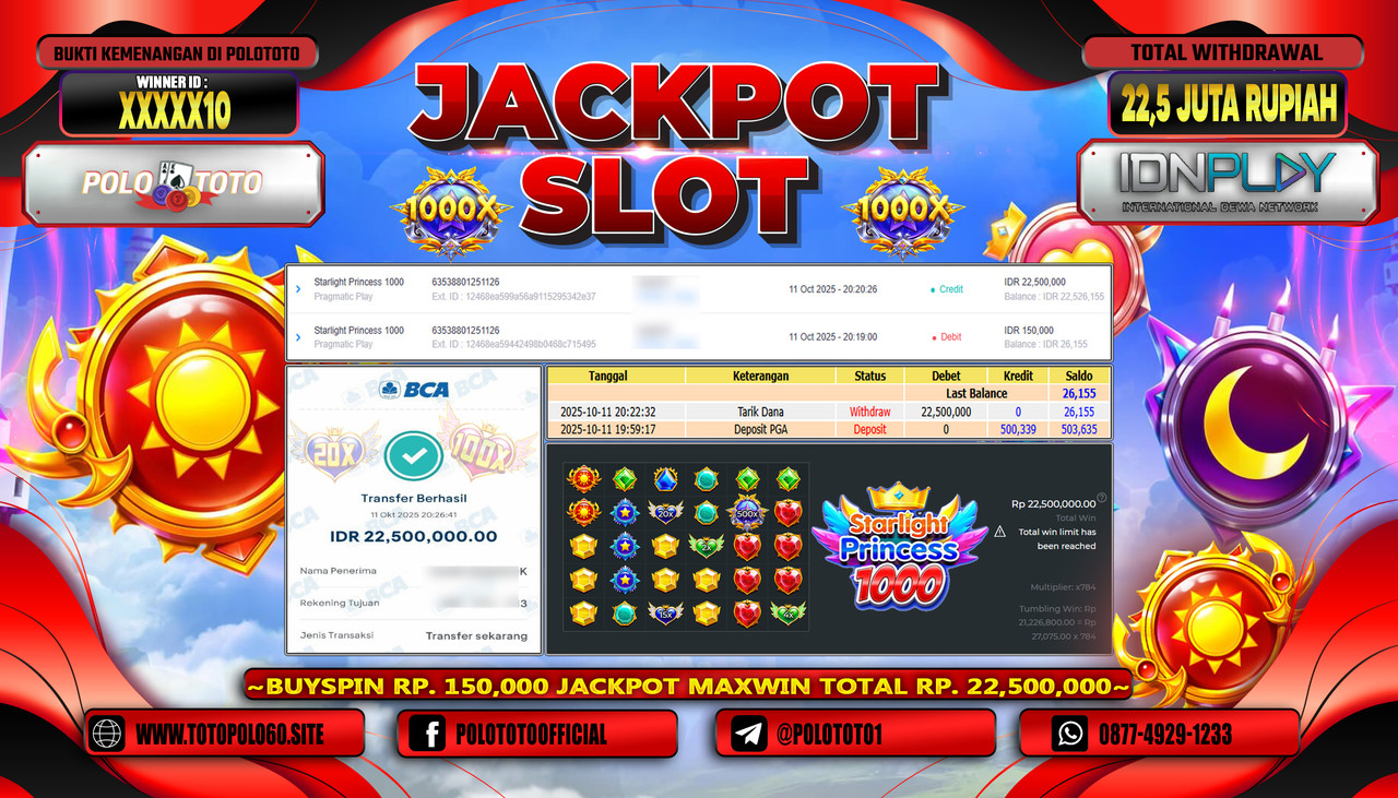 POLOTOTO JACKPOT SLOT STARLIGHT PRINCESS 1000 Rp.22.500.000,- LUNAS