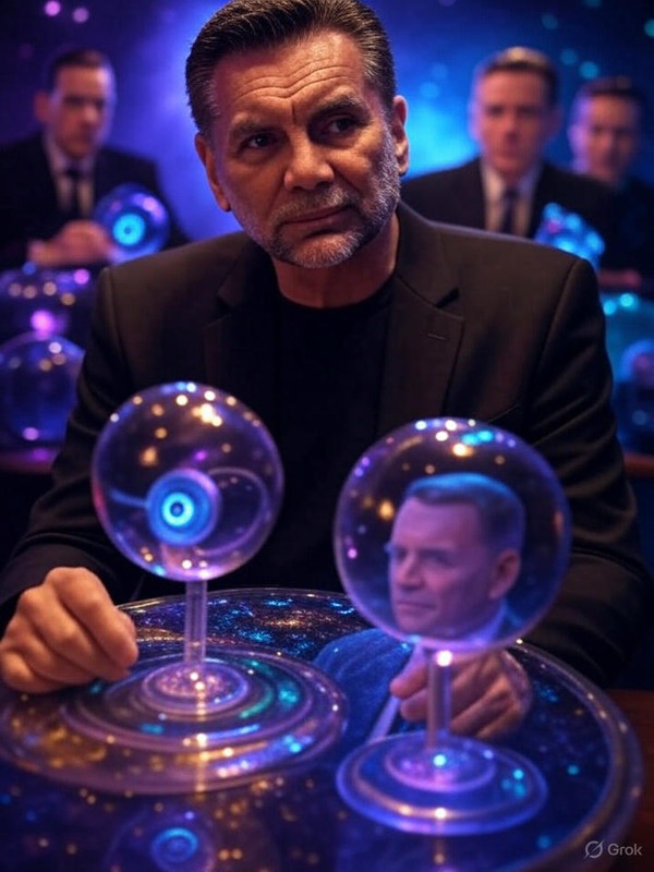 Michael Franzese preaching in a 2025 cosmic Kraken therapy session with all characters, kestrels soaring