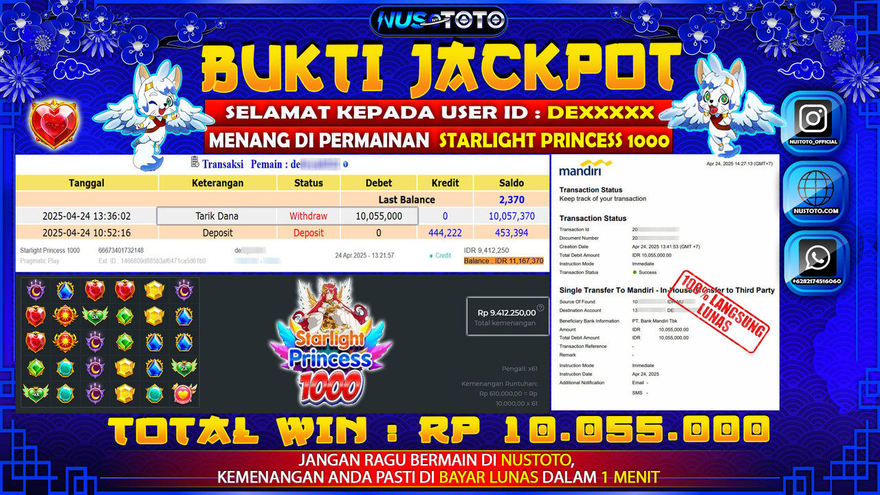 JACKPOT !! MENANG BESAR DI SLOT STARLIGHT PRINCESS 1000 Rp. 10.055.000 LANGSUNG DI BAYAR LUNAS NUSTOTO !!