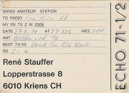 QSLs 27 Mhz de stations Suisses. QSL-ECHO71-CH-06-74