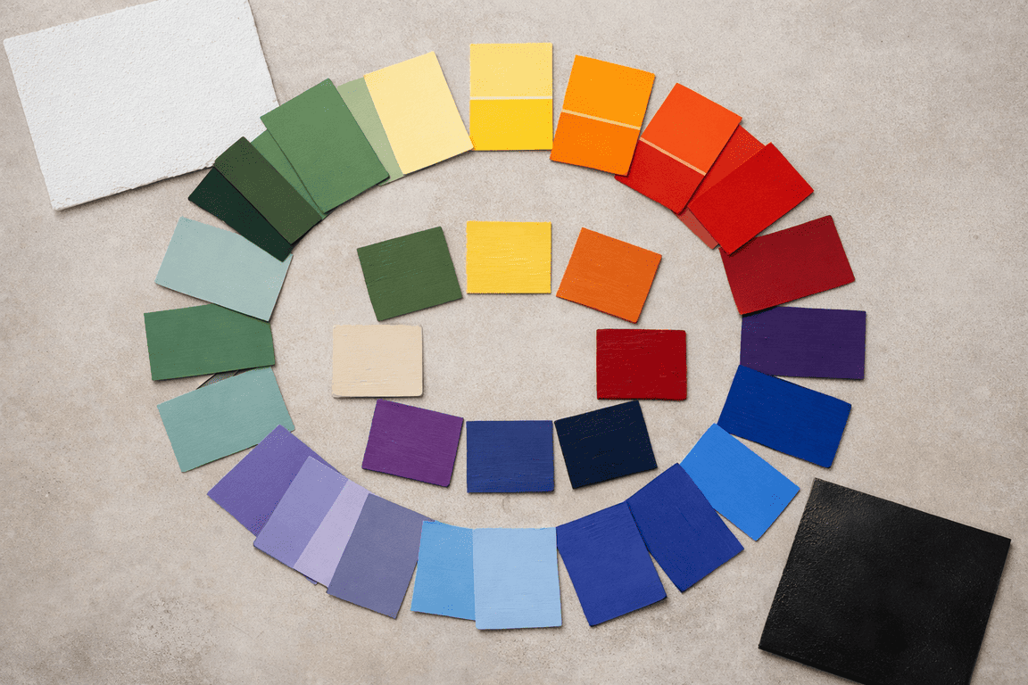 Выкрасы и карточки оттенков разложены по принципу цветового круга