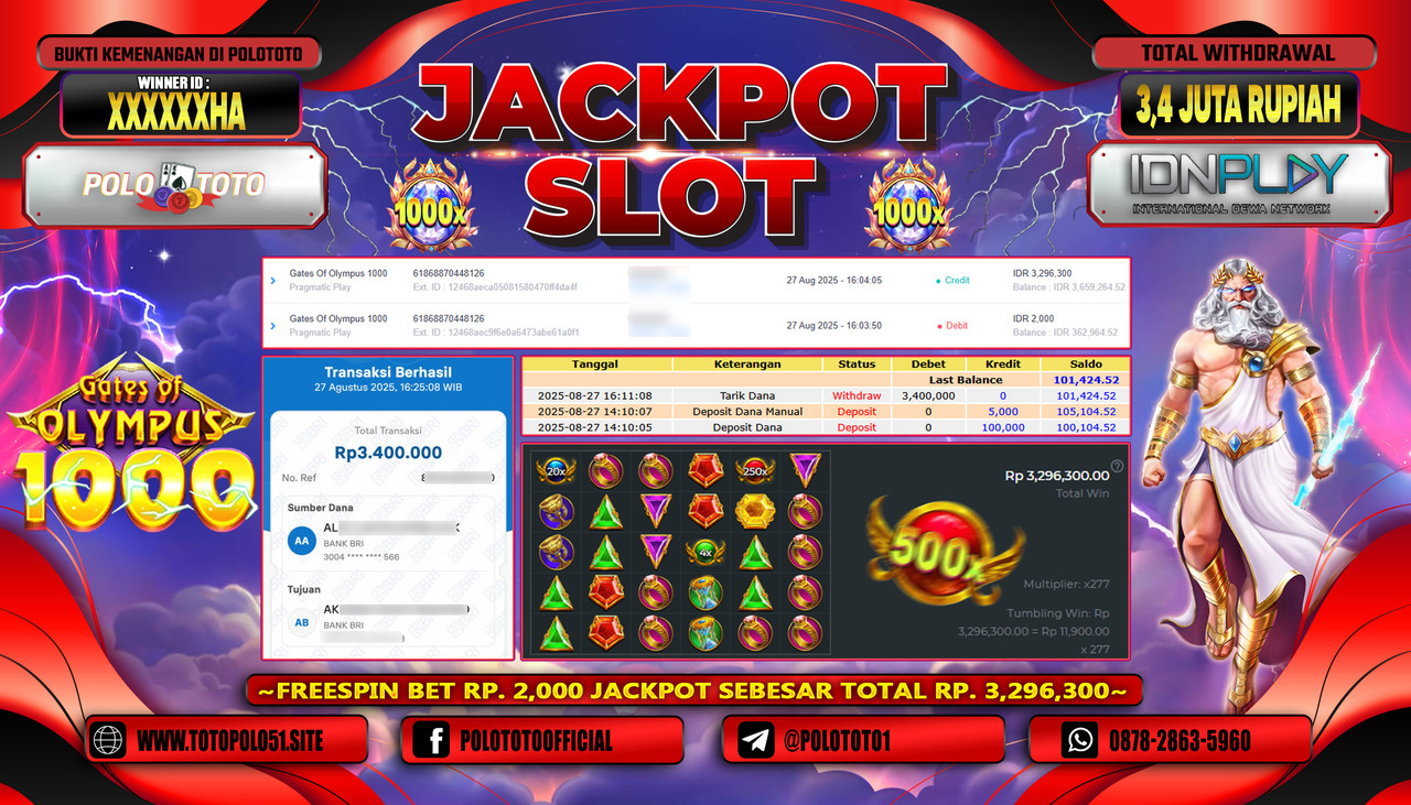 POLOTOTO JACKPOT SLOT GATES OF OLYMPUS 1000 Rp.3.400.000,- LUNAS