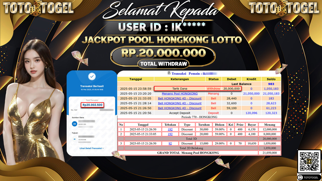 Bukti Pembayaran Jackpot Permainan Togel Pool Hongkong Lotto ID:IK***** LUNAS