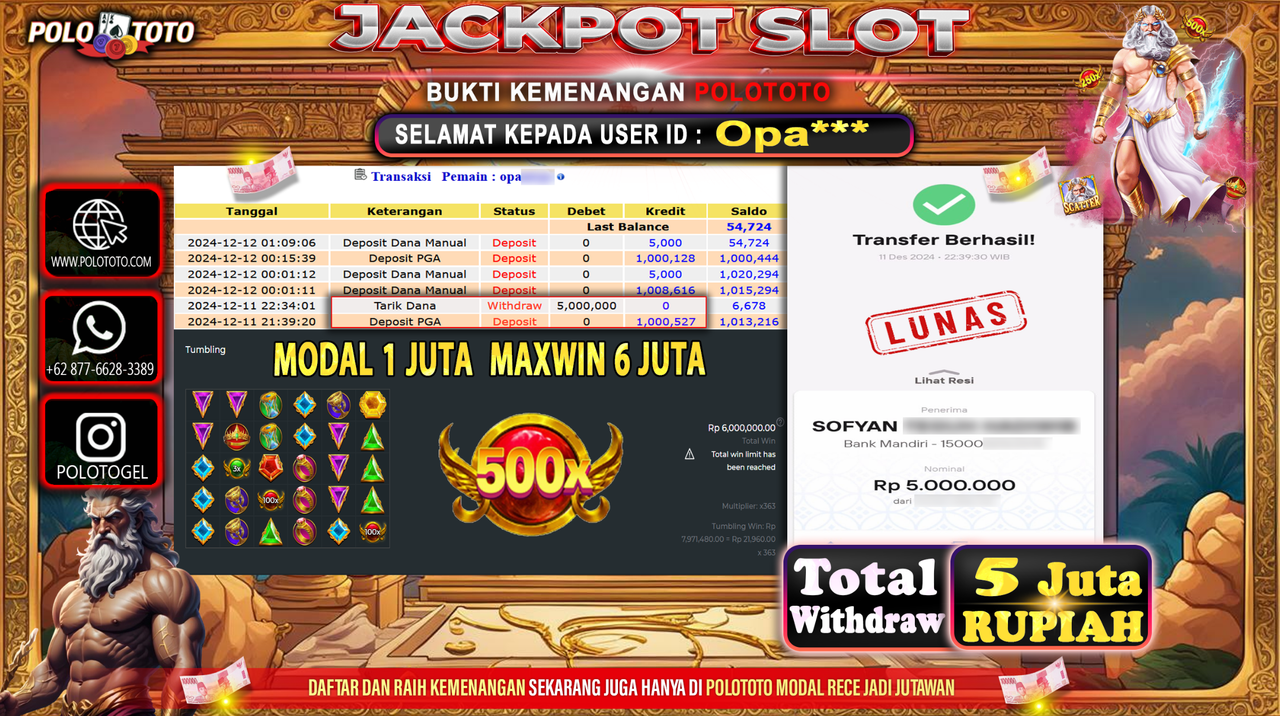 POLOTOTO JACKPOT SLOT GATES OF OLYMPUS Rp.5,000.000,-
