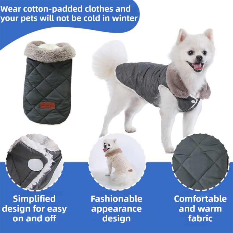 M Size Grey Winter Padded Cotton Dog Thermal Plaid Vest with Faux Fur Collar - Thick Fleece-Lined Warm Pet Jacket