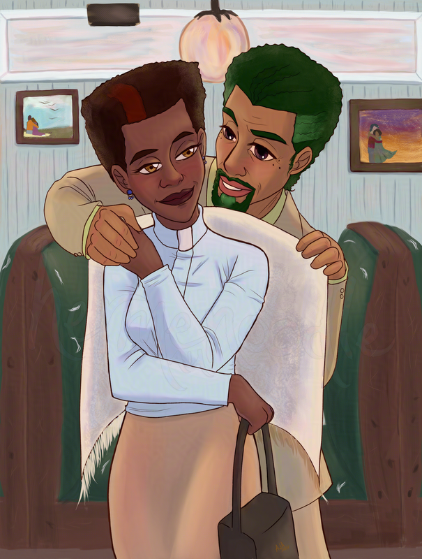 Yona and Leviticus leave a diner after a date. Leviticus helps to put a shaw on Yona as they leave.