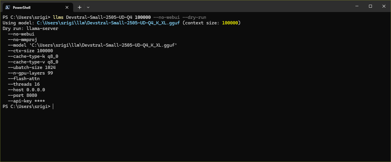 Terminal showcasing llms with --dry-run option