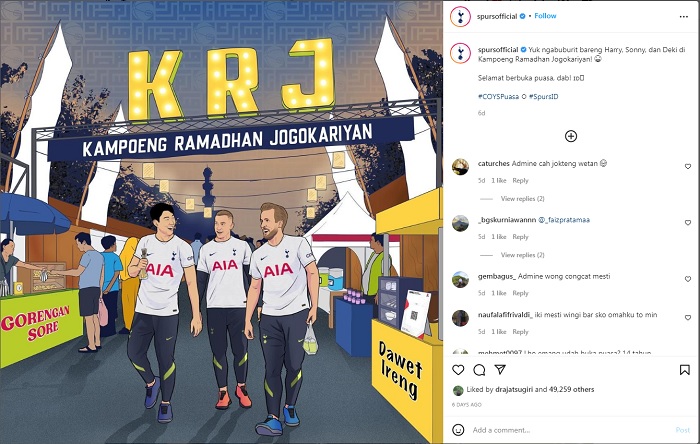 Unggahan akun Instagram resmi Tottenham Hotspur, @spursofficial menampilkan sosok Harry Kane, Son Heung-min dan Dejan Kulusevski di Kampoeng Ramadhan Jogokariyan.