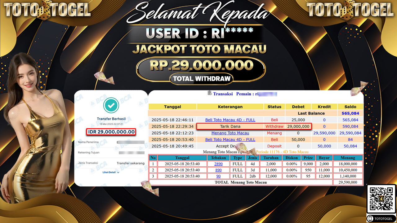 Bukti Pembayaran Jackpot Permainan Togel Toto Macau ID:RI***** LUNAS