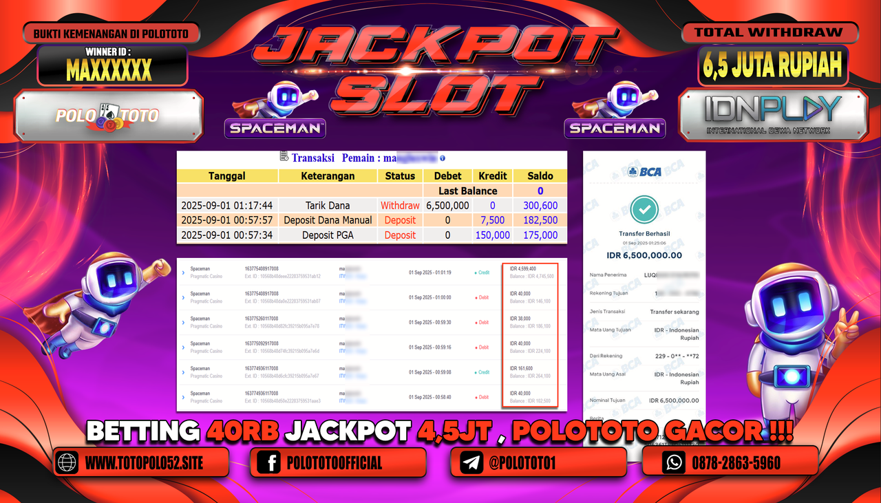 POLOTOTO JACKPOT SLOT SPACEMAN Rp.6.500.000,-