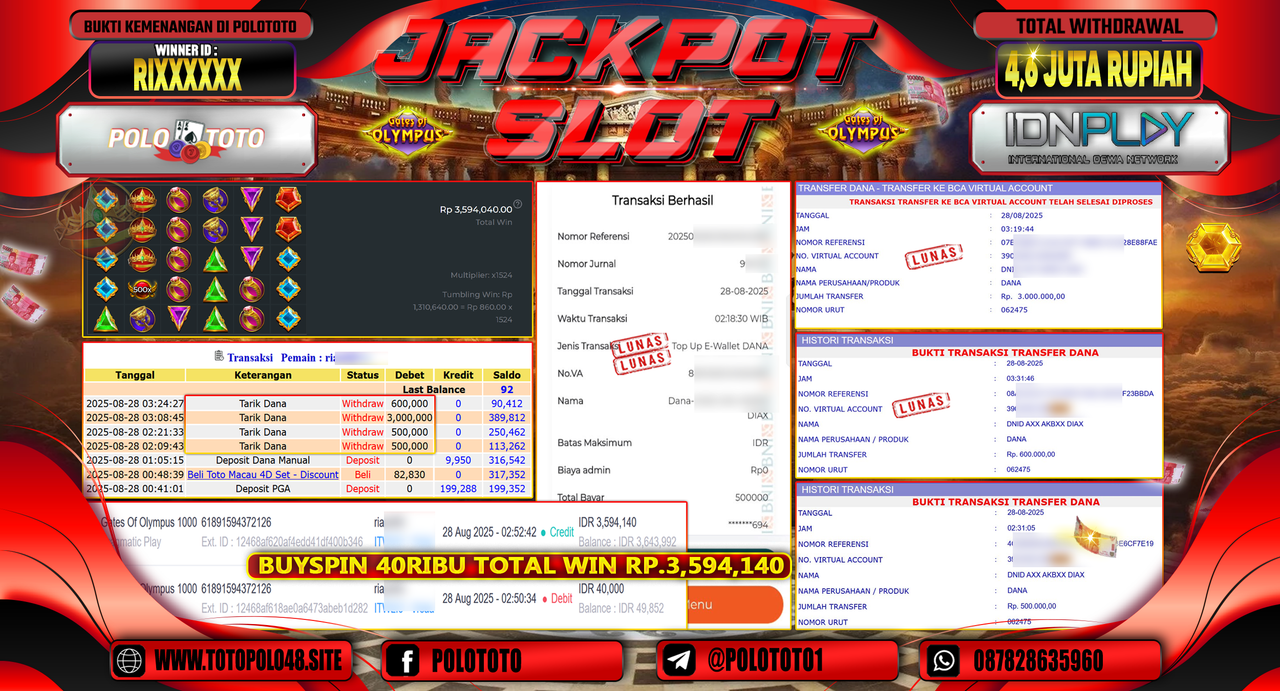 POLOTOTO JACKPOT SLOT GATES OF OLYMPUS 1000 Rp.4.600.000,- LUNAS
