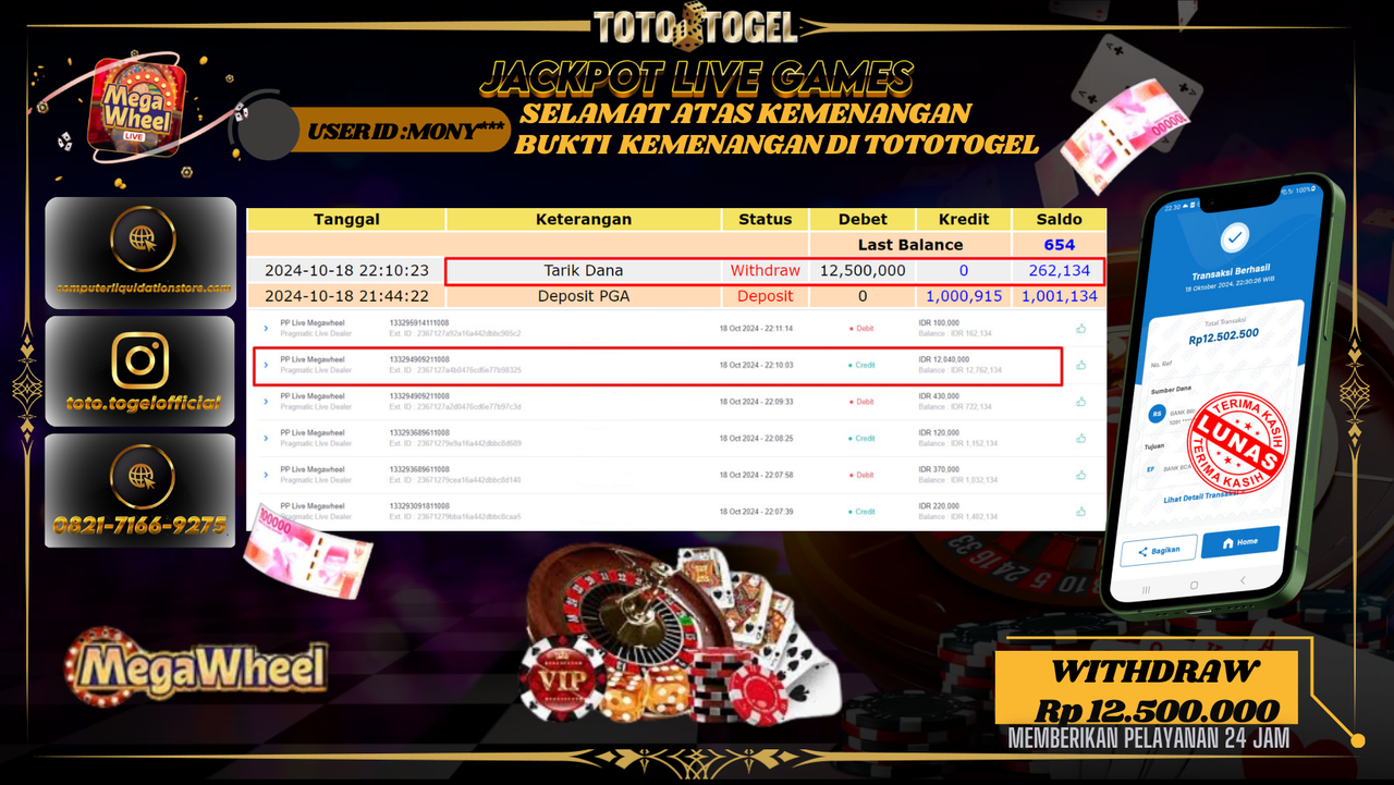 Bukti Kemenangan Permainan LIve Game PP LIve Mega Wheel ID : MONY*** Terbayar Lunas!!