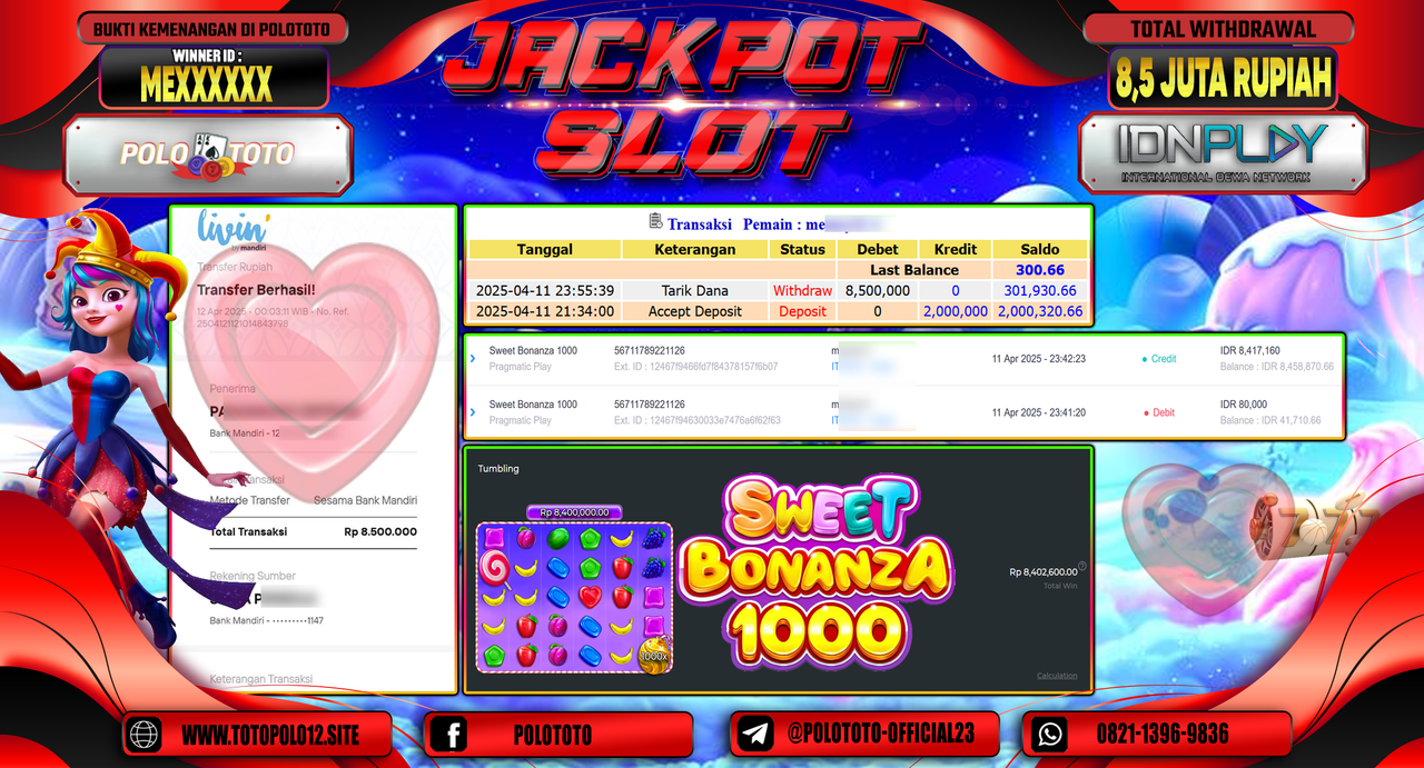 POLOTOTO JACKPOT SLOT SWEET BONANZA 1000  Rp.8.500.000,- LUNAS