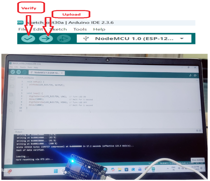 NodeMCU Code Upload and LED Blinking