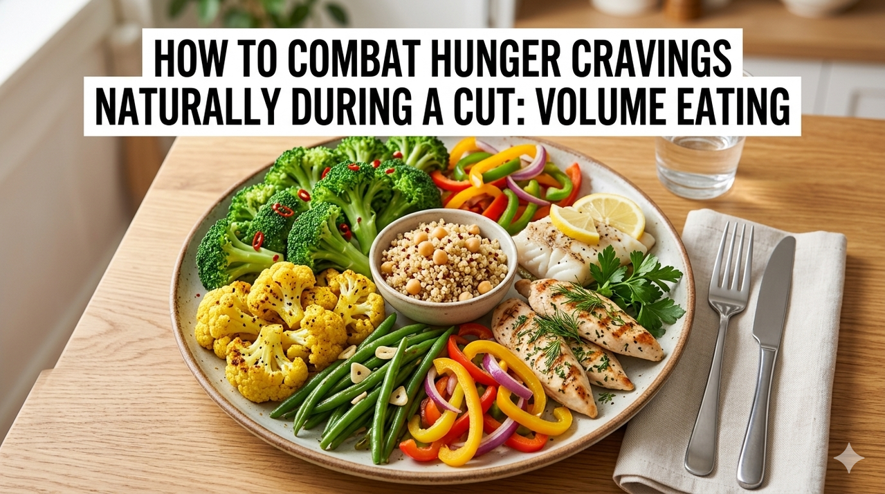 Assortment of high-satiety foods including eggs, oats, potatoes, Greek yogurt for how to combat hunger cravings naturally during a cut