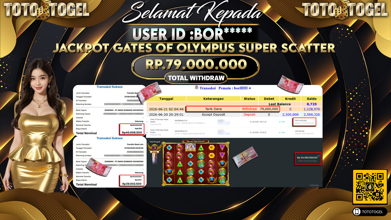 Bukti Pembayaran Jackpot Permainan Slot Gates Of Olympus Super Scatter ID:BOR*****LUNAS