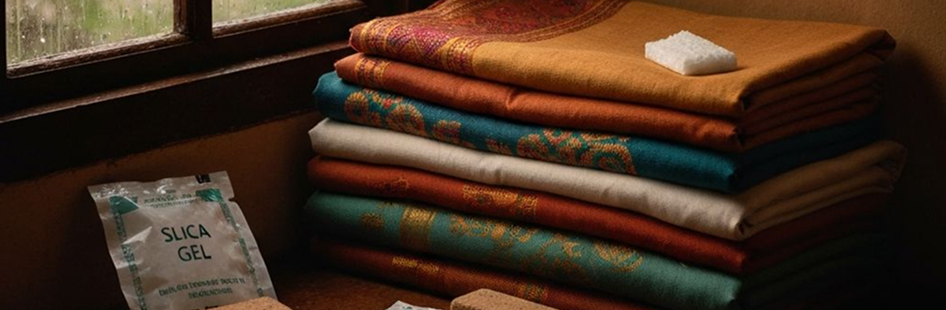 Stacked handloom textiles during monsoon storage